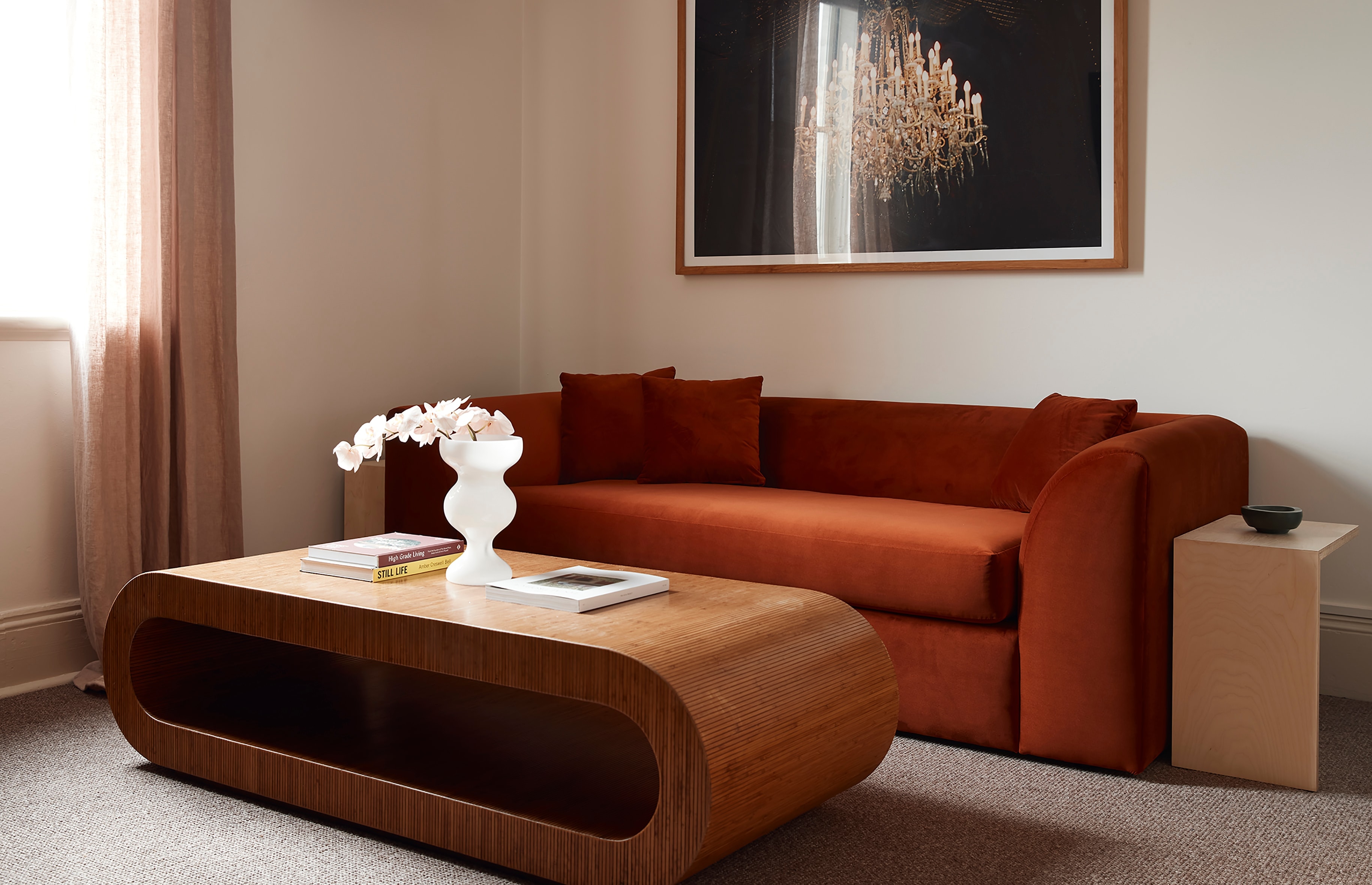 Living room at The Rooms — warm timber tones